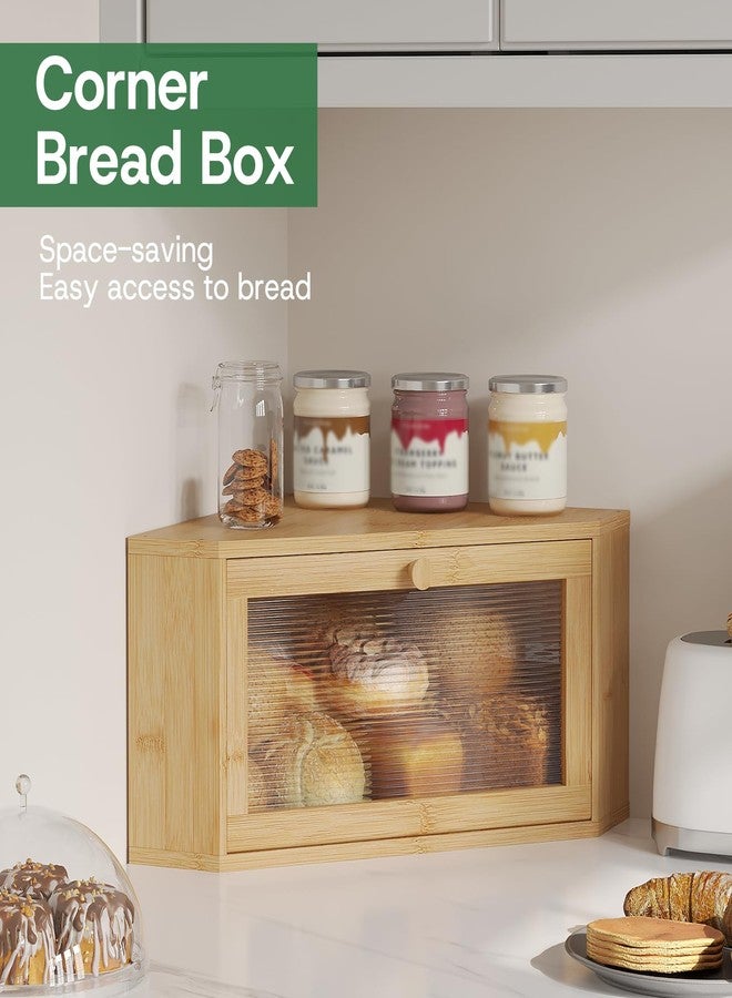 kiplant Bamboo Corner Bread Box for Kitchen Countertop - Wavy Acrylic Door, Bread Storage Container, Bread Holder - Image 2