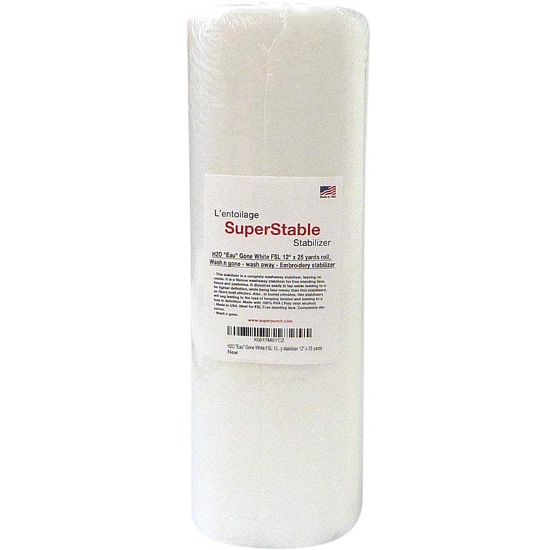Superpunch Wash Away Stabilizer SuperStable H2O Eau Gone White FSL 12 inch x 25 Yard Roll  Machine Embroidery Stabilizer Backing Wash n Gone Wash Away for Free Standing Lace Made in USA