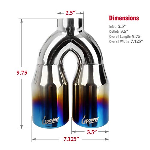 Upower 2.5 Inch Inlet 3.5 Inch Outlet Dual Exhaust Tips Tailpipe 2.5" to 3.5" 9.75" Length 304 Stainless Steel Polished Vacuum Plating Blue 1.2mm Thickness Weld On Tail Pipe(Single Wall,Rolled Edge) - Image 4