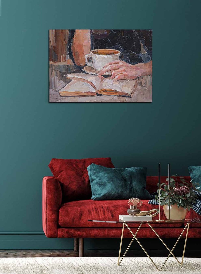 LOWHA Framed Canvas Wall Art Stretched Over Wooden Frame, Reads a Book and Drinks Coffee Landscape Orientation Painting, For Home, Living Room, Office Decor - Image 1
