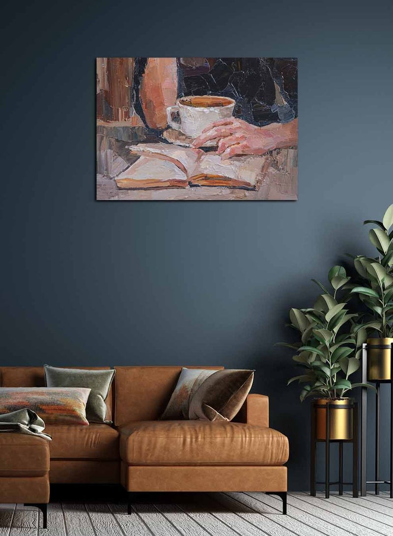 LOWHA Framed Canvas Wall Art Stretched Over Wooden Frame, Reads a Book and Drinks Coffee Landscape Orientation Painting, For Home, Living Room, Office Decor - Image 3