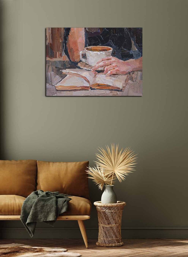 LOWHA Framed Canvas Wall Art Stretched Over Wooden Frame, Reads a Book and Drinks Coffee Landscape Orientation Painting, For Home, Living Room, Office Decor - Image 2