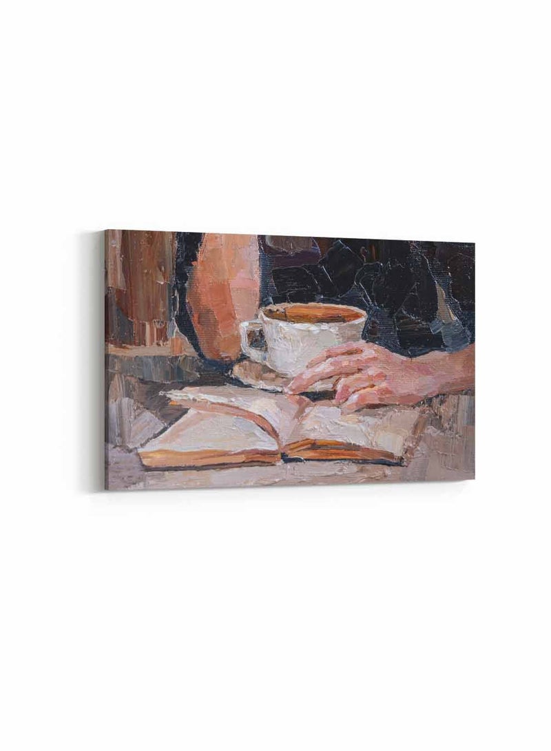 LOWHA Framed Canvas Wall Art Stretched Over Wooden Frame, Reads a Book and Drinks Coffee Landscape Orientation Painting, For Home, Living Room, Office Decor - Image 4