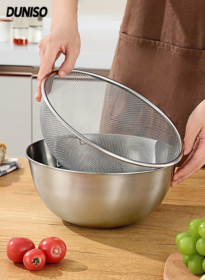 DUNISO 2 in 1 Stainless Steel Basin Set Multifunctional Kitchen Drain Basket Set Double Layered Cleaning Bowls Washing Vegetables Basket Space Saver Clean Wash Kitchen Accessory for Fruit Washing, Vegetable Draining and Food Storage - Image 1