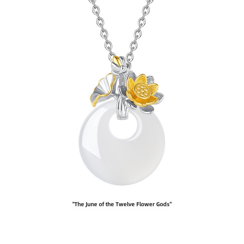 Generic Original Jadeite Floral Silver Necklace Lotus 