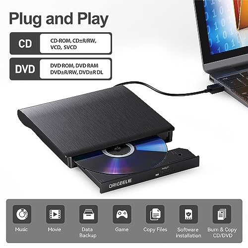 ORIGBELIE External CD/DVD Drive for Laptop, USB 3.0 CD Burner +/-RW CD ROM External DVD Drive Portable DVD Player for Laptop Desktop PC Apple Mac Windows 11/10/8/7/XP Linux OS - Image 2