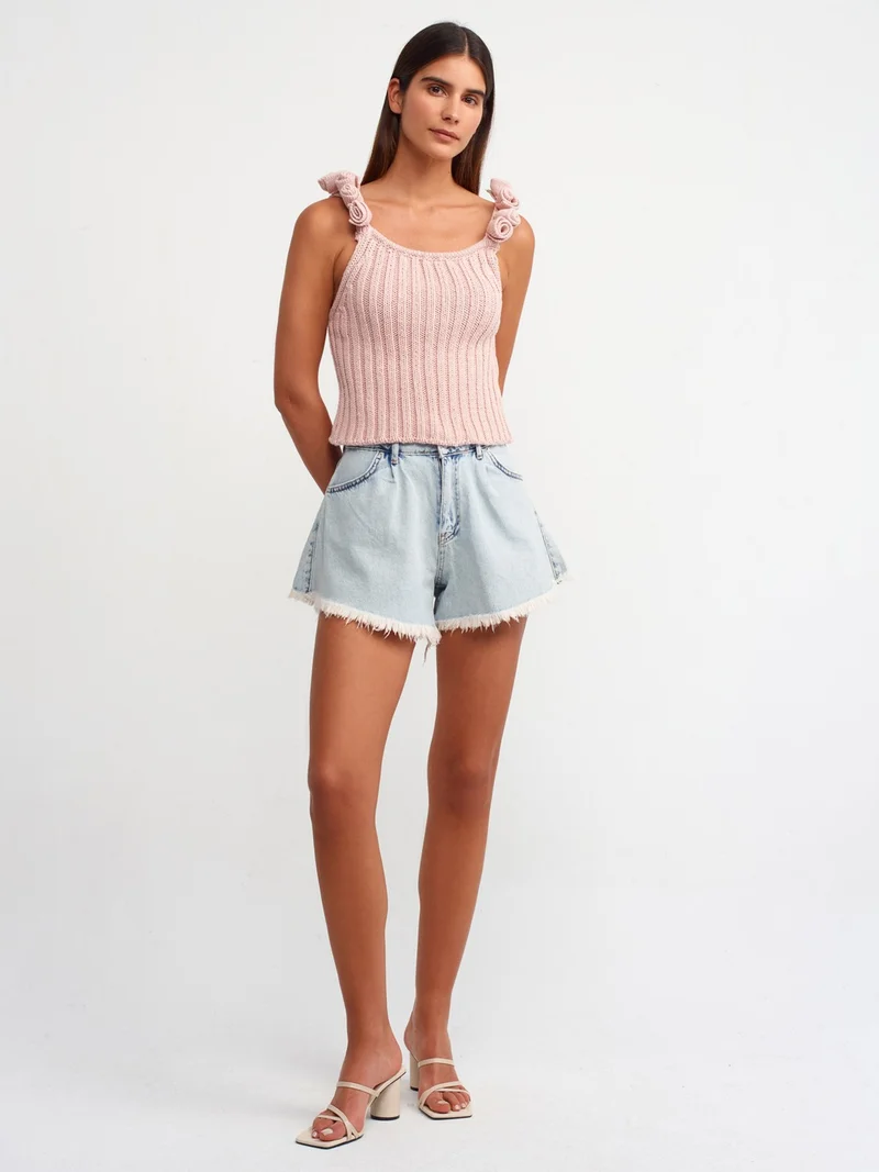 ديلفين 10524 Strap Handmade Flower Detailed Knitwear Top-Powder