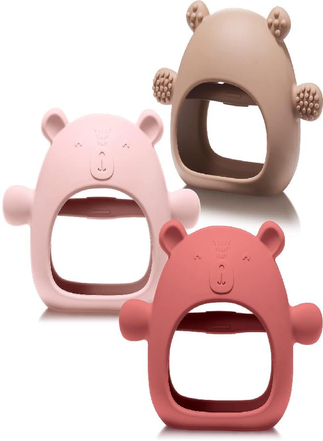 Chumia 3 Pack Baby Teether Teething Toys for Babies 0-6 Months Bear Baby Teething Toy Silicone Anti Dropping Infant Hand Teether Pacifiers Wrist Hand Chew Toys for Sucking Needs (Caramel, Red, Pink) - Image 5