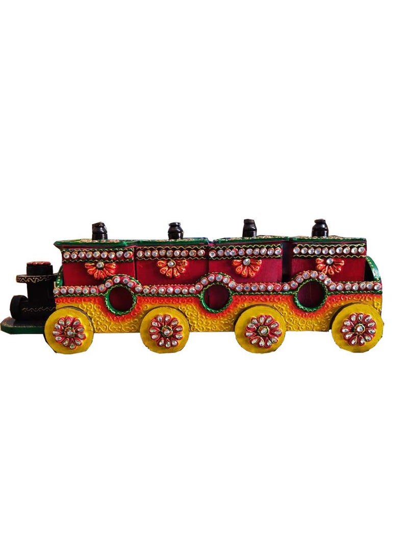 Sanskritihandicraft Sanskritihandicraft Decorative Square Wooden Handmade Train Shaped Dry Fruit Box with 4 Container Multicolour 18x5 Inch  - Image 1
