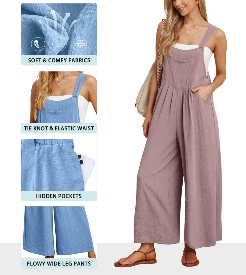 IWOLLENCE Women's Summer Jumpsuits Boho Wide Leg Overalls Casual Loose Rompers with Pockets 2024 Purple Pink X-Large - Image 2