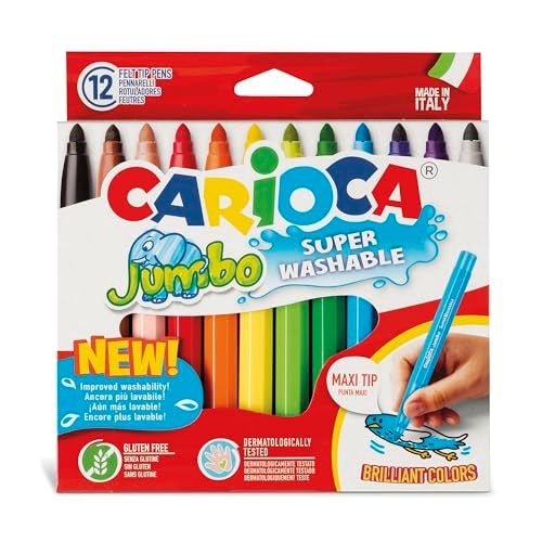 CARIOCA Jumbo Washable Markers for Kids 12 Assorted Colors 6 mm Maxi Felt Tip Pens with Wide Barrel NonToxic Easy to Hold Art School Supplies Made in Italy - Image 1