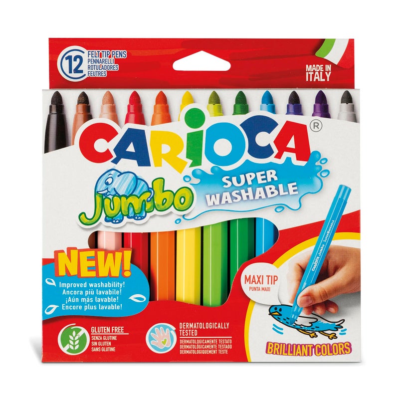 CARIOCA Jumbo Washable Markers for Kids 12 Assorted Colors 6 mm Maxi Felt Tip Pens with Wide Barrel NonToxic Easy to Hold Art School Supplies Made in Italy - Image 2