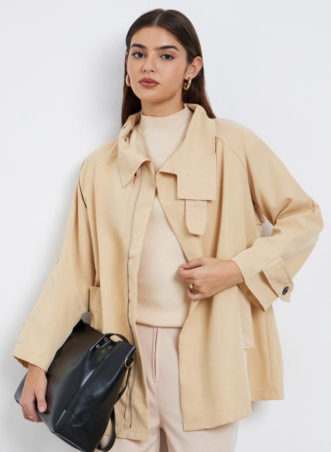 Styli Beige Longline Utility Trench Jacket - Image 3