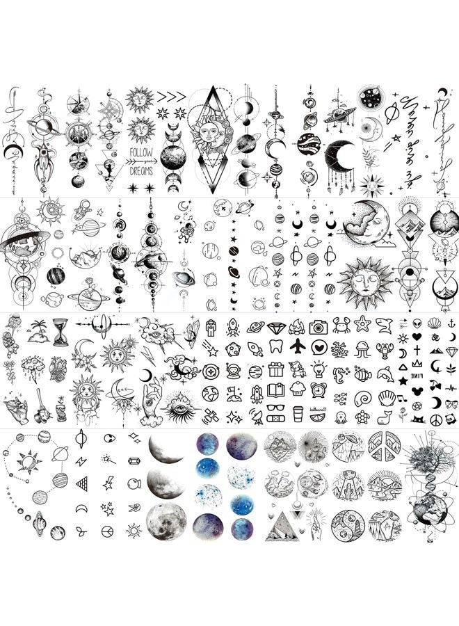COKTAK 28 Sheets Outer Space Temporary Tattoos For Kids Women Men, 3D Fake Realistic Star Sun Moon Tattoo Stickers Boys Girls, Long Lasting Geometric Planets Universe Tattoos Neck Small Solar System - Image 1