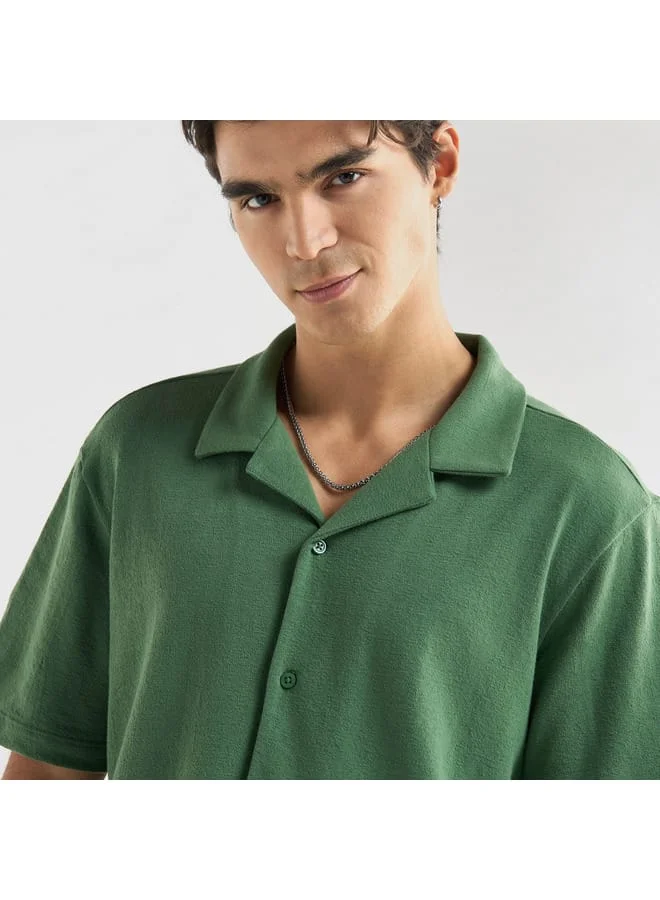 Splash FAV Textured Camp Collar Shirt with Short Sleeves