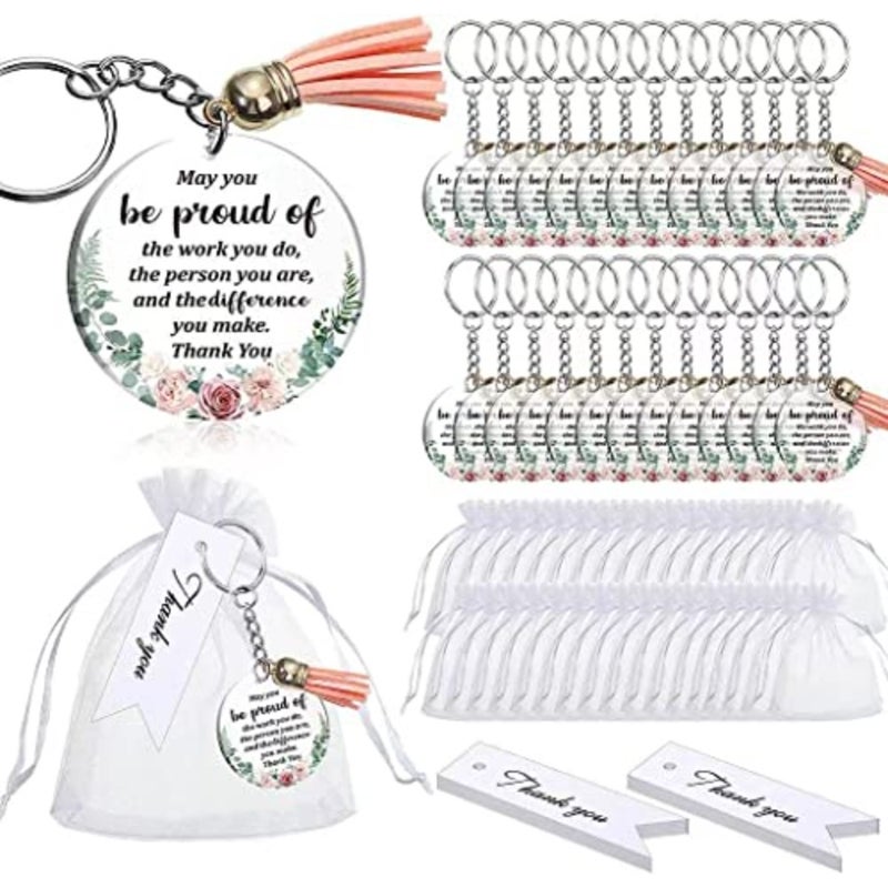 48Pcs Appreciation Acrylic Keychain, Floral Circle Keychain With Tassels Organza Bags And Thank You Cards Keychains Gift For Employee Teacher Mother Birthday Graduation - Image 1