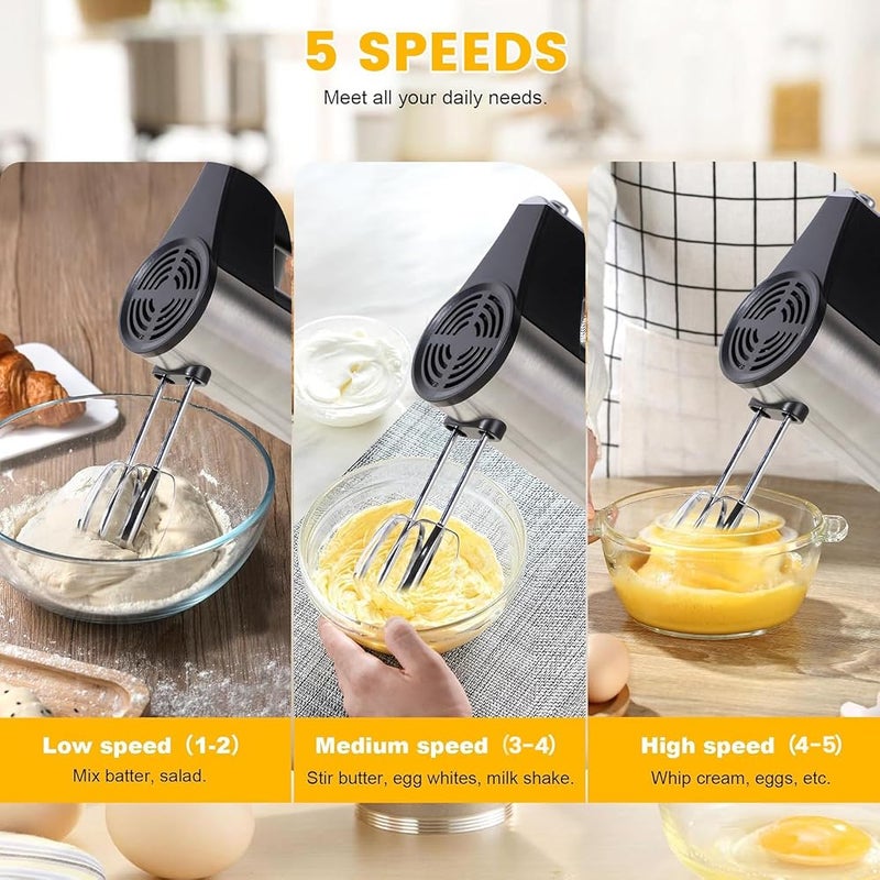AMINAC 5-Speed Electric Hand Mixer, 200W Mixer with One-Touch Eject Button, Includes 4 Stainless Steel Attachments (2 Beaters, 2 Dough Hooks) Hooks for Easy Whipping Dough, Cream, Cake - Image 2