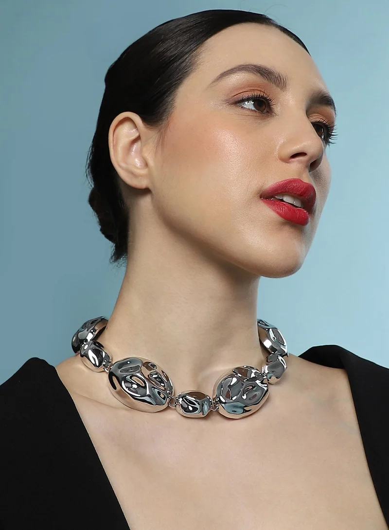 Sohi  Women The Chunky Dented-Pierre Collar Necklace | Chrome  Colour | One-Size | Metallic Alloy Material | Lobster Clasp Closure | Necklace For Casual & Evening Wear for Women | Best Price UAE
