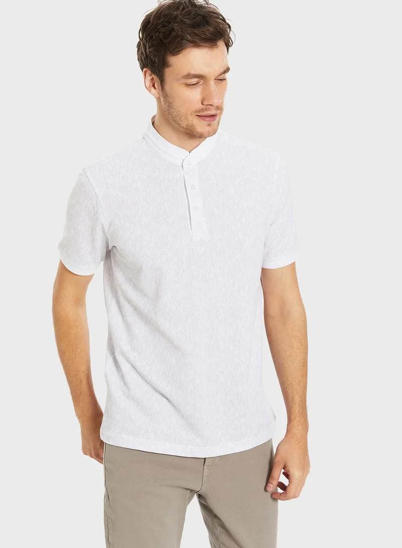 LC WAIKIKI Leaf Print Grandad Collar T-Shirt