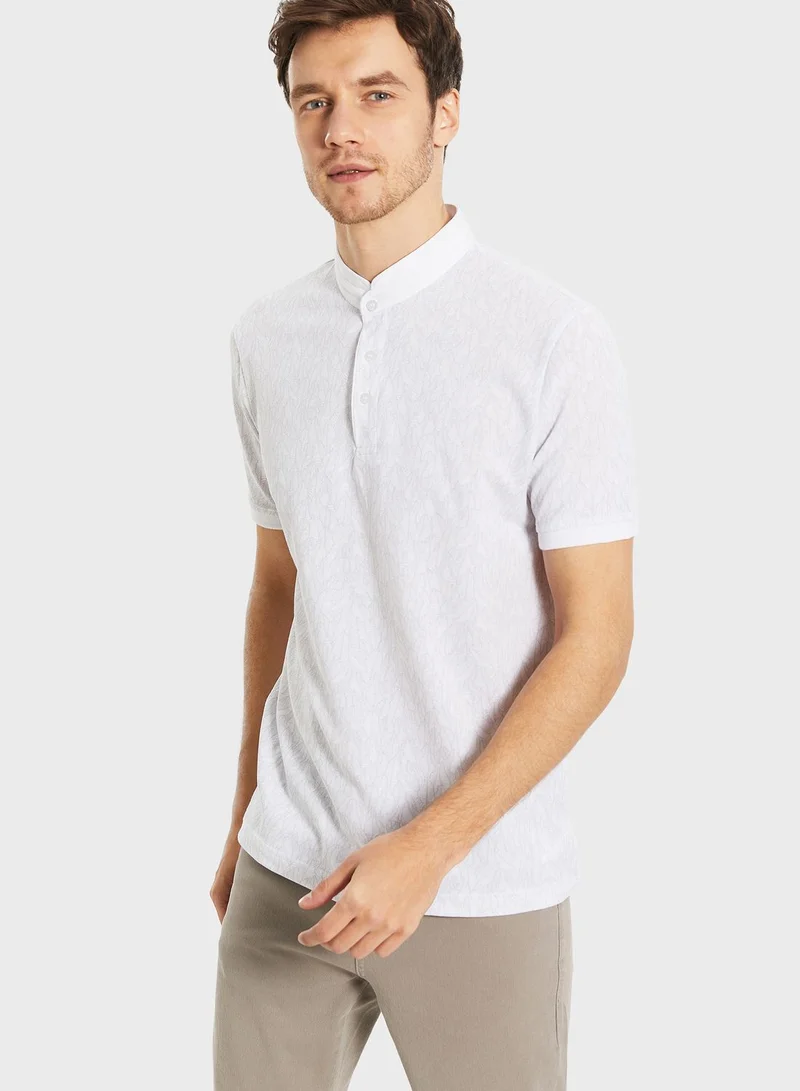 LC WAIKIKI Leaf Print Grandad Collar T-Shirt