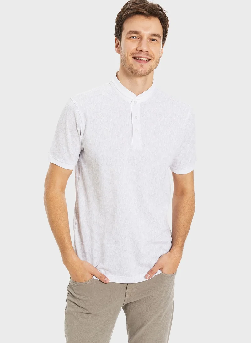 LC WAIKIKI Leaf Print Grandad Collar T-Shirt