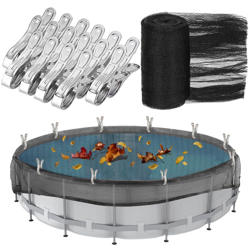 Hlimior 24 Feet Round Leaf Net Cover for Above Ground Pool Winter Cover Mesh Cover with 16 Pcs Large Metal ClipsPool Safety Net Fits 24FT Above Ground Pools Keeps Leaves Out of Your Pool Black