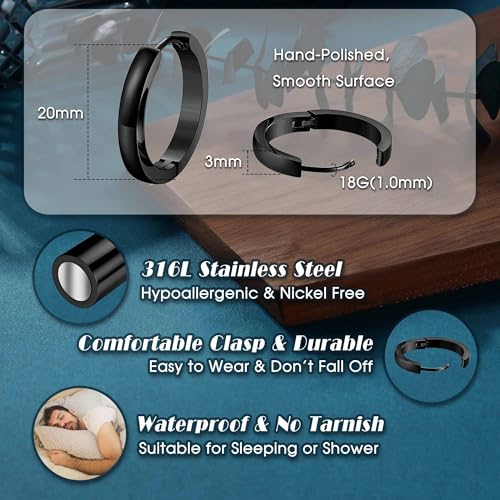 Jstyle Hypoallergenic Small Hoop Earrings for Men Women 316L Surgical Stainless Steel Gold/Black/Silver Hoop Earrings for Sensitive Ears Mens Hoop Huggie Earrings Ear Piercing Jewelry Set 20mm - Image 5