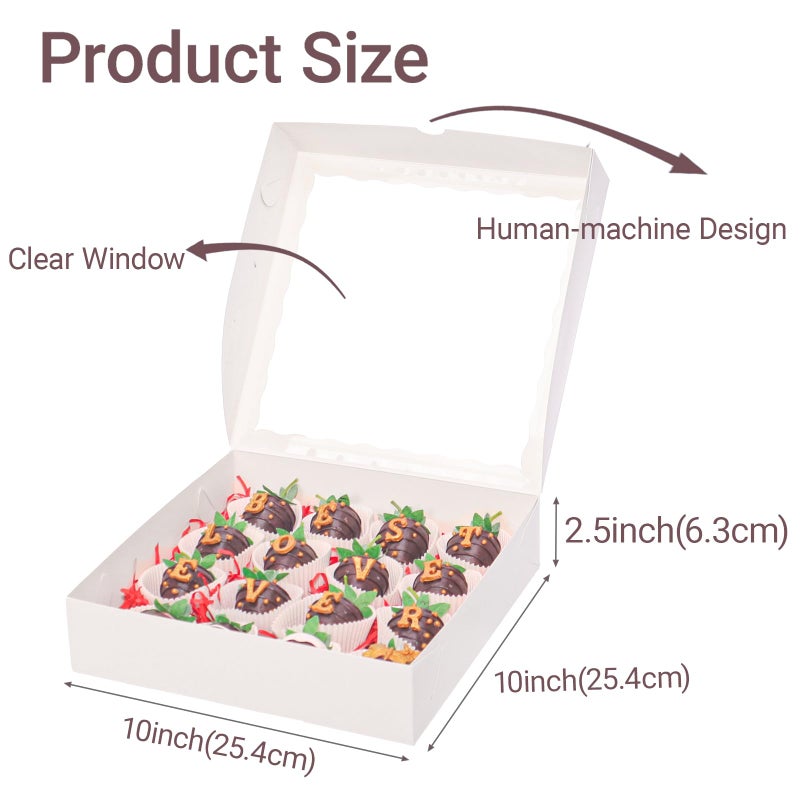 TEMLQPACK 12pcs 10x10x2.5 Inches White Bakery Boxes with Window, Pie, Cookies, Chocolate Covered Strawberries, Breakable Heart, Charcuterie Boxes for Christmas - Image 3