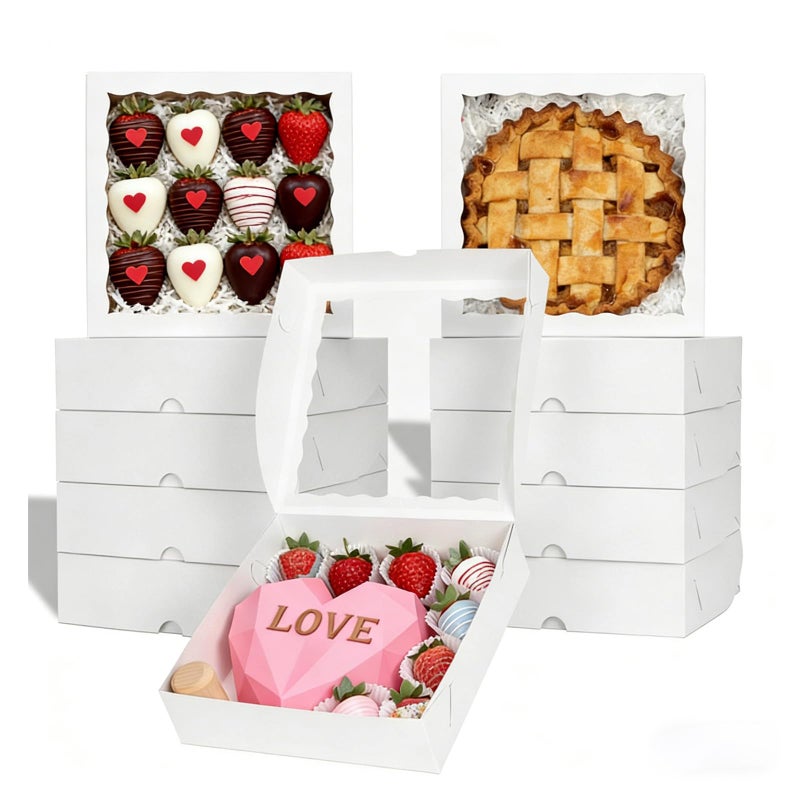 TEMLQPACK 12pcs 10x10x2.5 Inches White Bakery Boxes with Window, Pie, Cookies, Chocolate Covered Strawberries, Breakable Heart, Charcuterie Boxes for Christmas - Image 1