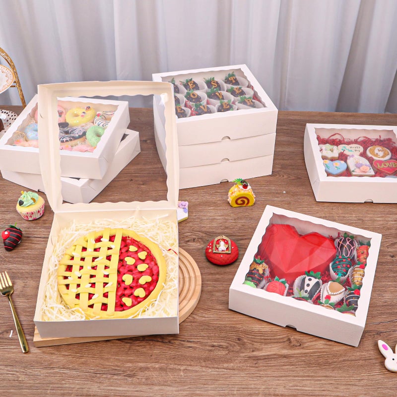 TEMLQPACK 12pcs 10x10x2.5 Inches White Bakery Boxes with Window, Pie, Cookies, Chocolate Covered Strawberries, Breakable Heart, Charcuterie Boxes for Christmas - Image 2