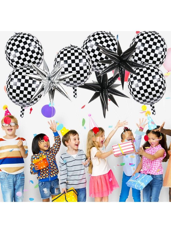 MIKIMIQI 6 Pcs Race Car Checkered Balloons 3 Pcs Explosion Pointed Star Foil Balloons For Racing Party Decorations 22 Jumbo Sphere 4D Black And White Checkered Flag Mylar Balloons For Birthday Party - Image 4