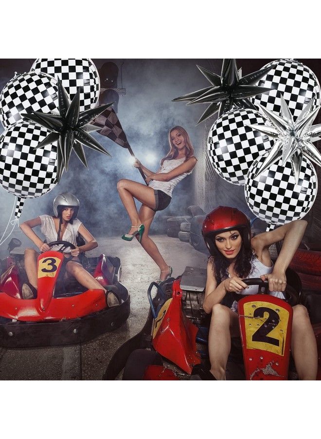 MIKIMIQI 6 Pcs Race Car Checkered Balloons 3 Pcs Explosion Pointed Star Foil Balloons For Racing Party Decorations 22 Jumbo Sphere 4D Black And White Checkered Flag Mylar Balloons For Birthday Party - Image 5