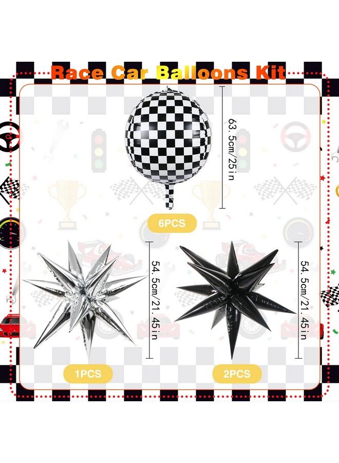 MIKIMIQI 6 Pcs Race Car Checkered Balloons 3 Pcs Explosion Pointed Star Foil Balloons For Racing Party Decorations 22 Jumbo Sphere 4D Black And White Checkered Flag Mylar Balloons For Birthday Party - Image 3