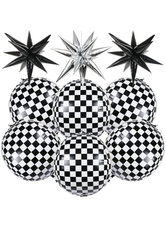 MIKIMIQI 6 Pcs Race Car Checkered Balloons 3 Pcs Explosion Pointed Star Foil Balloons For Racing Party Decorations 22 Jumbo Sphere 4D Black And White Checkered Flag Mylar Balloons For Birthday Party - Image 1