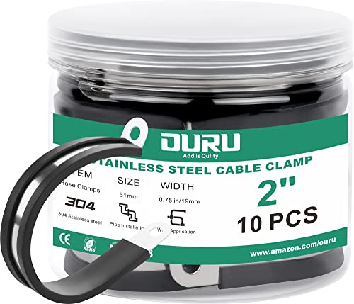 OURU 10pcs 2 Inch Stainless Steel Cable Clamps,Rubber Coated Cushioned Insulated Cable Clamp,Automotive Cable Wire Clamps,Pipe Clamps,Metal Clamp for Tube,Lines,Wire Cord Installation(Black,51mm) - Image 1
