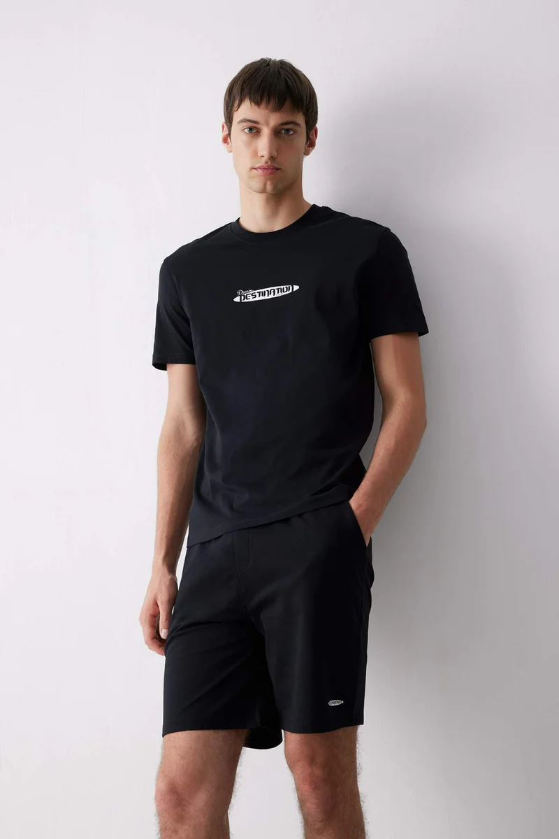 ديفاكتو Regular Fit Crew Neck Printed Cotton T-Shirt