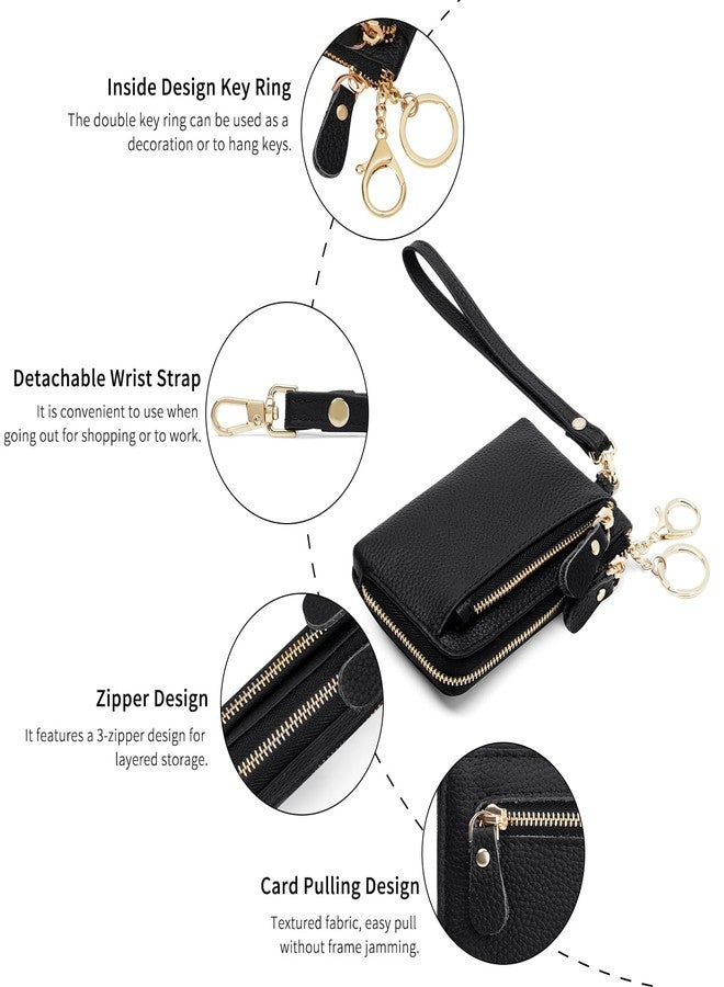 SENDEFN Women's Small Wristlet Coin Pouch Genuine Leather 3 Zippers Purse with Keychain - Image 2