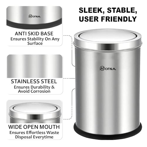 mofna Stainless Steel Swing lid dustbin, Garbage Bin, Trash Can, with removable lid For Home, Kitchen, Bathroom, Office & Commercial Use - 8x12 In -10 Liter, Silver, Pack of 1 - Image 2