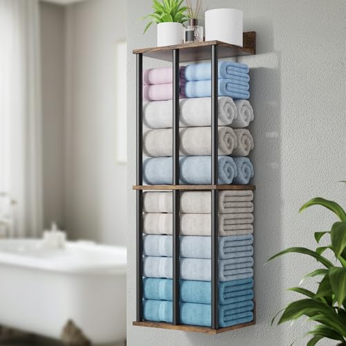 WHEARTED Towel Racks for Bathroom Wall Mounted, Upgraded Bathroom Towel Holder Bath Storage Rack for Rolled Towel, Small Towels, Folded Towels, Rustic Organizer Rack with Shelf - Image 1