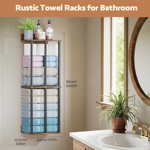 WHEARTED Towel Racks for Bathroom Wall Mounted, Upgraded Bathroom Towel Holder Bath Storage Rack for Rolled Towel, Small Towels, Folded Towels, Rustic Organizer Rack with Shelf - Image 3