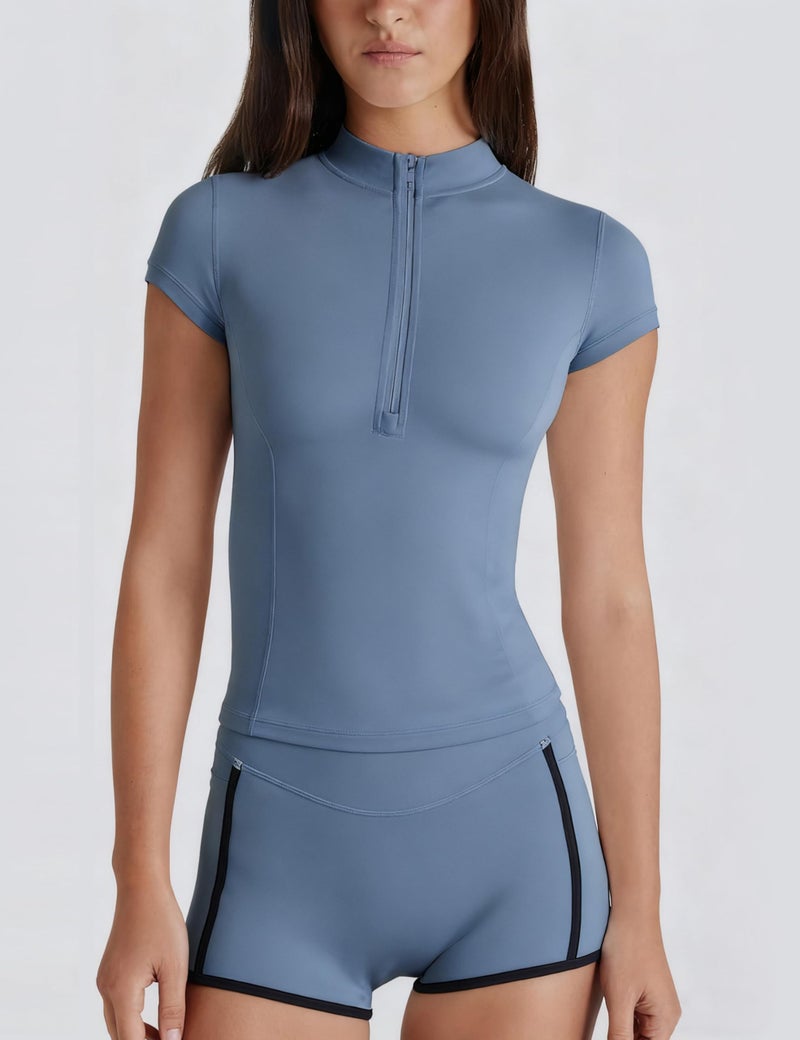 Lviefent Womens Quarter Zip Active Top Lightweight Short Sleeve Athletic Shirts Slim Fit Running Track Workout Top Sportswear (Blue-L) - Image 3