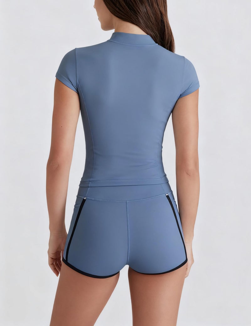 Lviefent Womens Quarter Zip Active Top Lightweight Short Sleeve Athletic Shirts Slim Fit Running Track Workout Top Sportswear (Blue-L) - Image 5