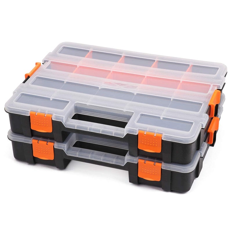 Makitoyo Tool Box Organizers, Interlocking Black Small Parts Organizer for Fasteners, Parts and Crafts w/Removable Dividers, 2 Pieces Pack, Black & Orange,15â€LÃ—11.6â€WÃ—2.6â€H - Image 3