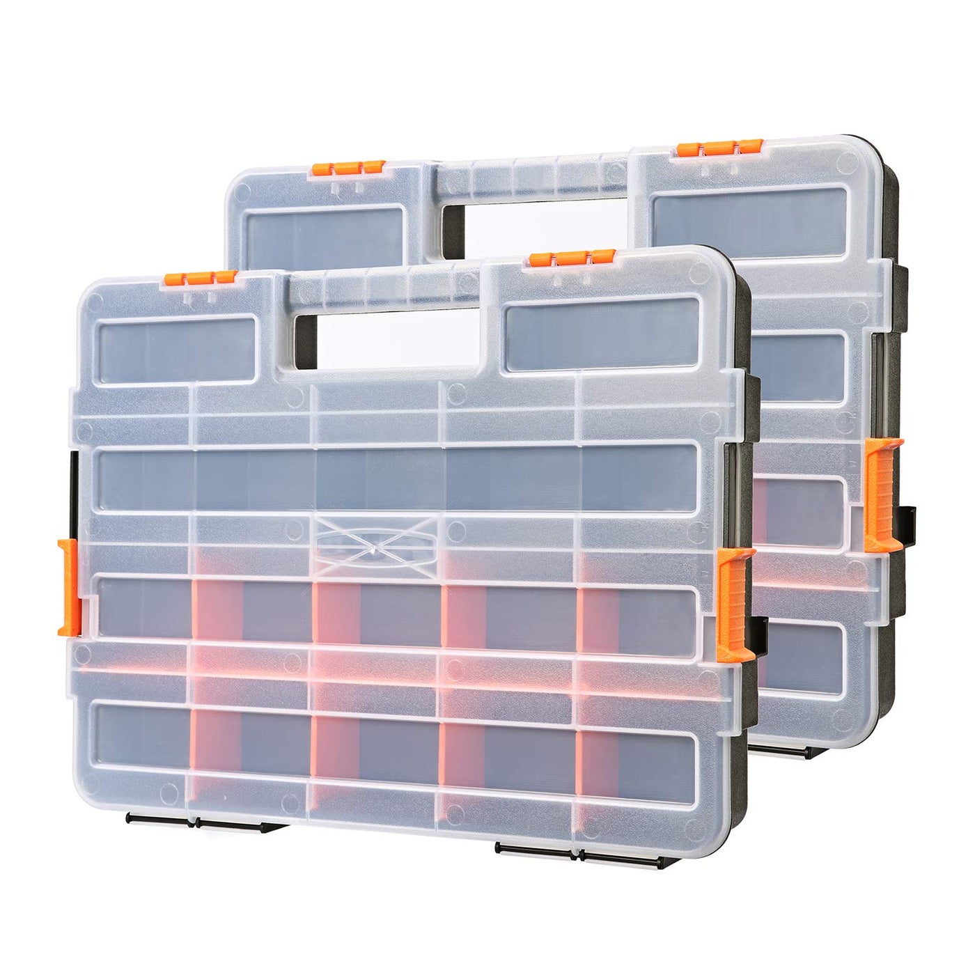 Makitoyo Tool Box Organizers, Interlocking Black Small Parts Organizer for Fasteners, Parts and Crafts w/Removable Dividers, 2 Pieces Pack, Black & Orange,15â€L×11.6â€W×2.6â€H