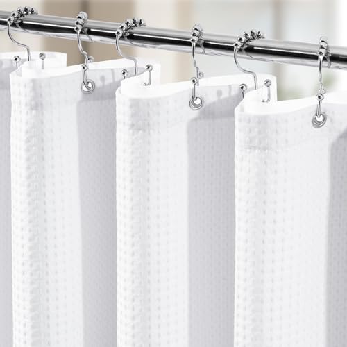 Vipfree 3 in 1 Shower Curtain Set, Waffle Shower Curtain and Liner Set with 12 Double Sided Shower Curtain Hooks, 258GSM Luxury Weighted Cloth Shower Curtains for Bathroom, 72 W x 72 H, White - Image 1