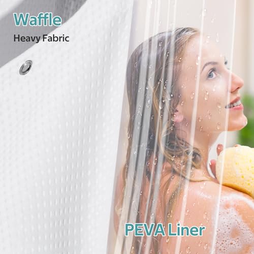 Vipfree 3 in 1 Shower Curtain Set, Waffle Shower Curtain and Liner Set with 12 Double Sided Shower Curtain Hooks, 258GSM Luxury Weighted Cloth Shower Curtains for Bathroom, 72 W x 72 H, White - Image 3