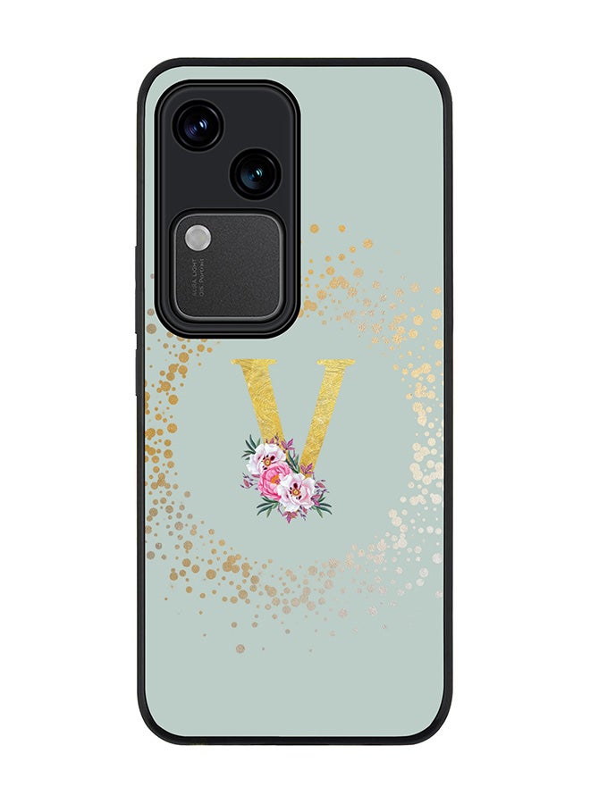 Stylizedd Rugged Black edge case for Vivo V30 5G, Slim fit Flexible Cover -  Custom Monogram Initial Letter Floral Pattern Alphabet - V  (Light Grey ) - Image 1