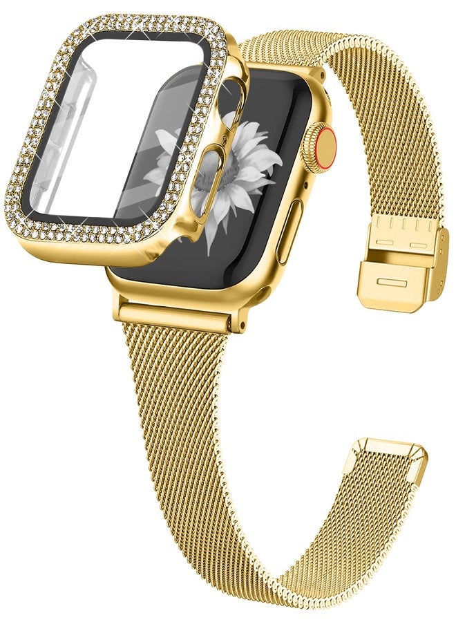 Joyozy Slim Stainless Steel Band Compatible with Apple Watch 38mm 40mm 41mm 42mm 44mm 45mm Milanese Strap with Bling Glitter Case Built-in Screen Protector Dressy Bracelet Band for Women (Gold 40mm) - Image 1