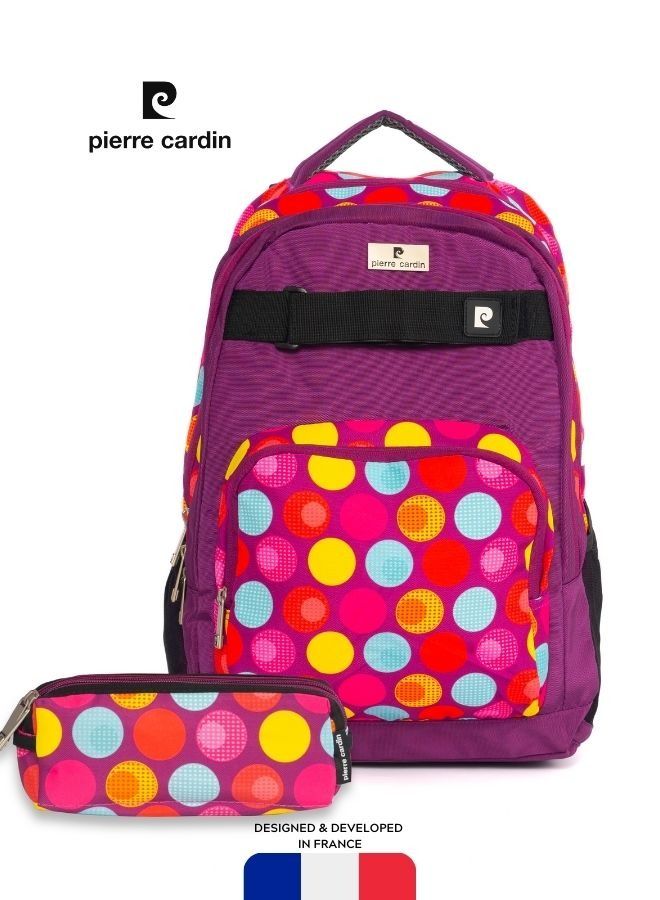 pierre cardin 2 pcs SET Backpack With Pencil Case Purple Polka Dots Design  - Image 1