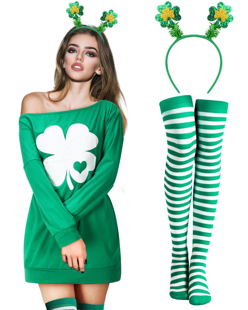 Suhine Mardi Gras Outfits for Women Costume Accessories Mardi Gras Dress Woman Feather Headband Purple Gold Thigh High Socks(X-Large,Clover) - Image 1